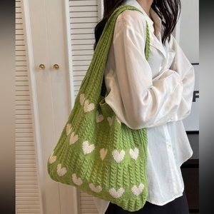 Green Cable Knit Tote Bag Purse w White Heart Design OS New